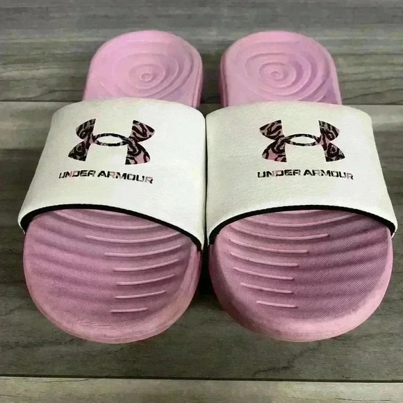 Girls Under Armour slides Y4 or womens 5.5 pink white comfy sandals beach - Picture 3 of 9